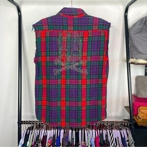 Vintage Motel Rocks Hand Beaded Plaid Skull Sleeveless Shacket